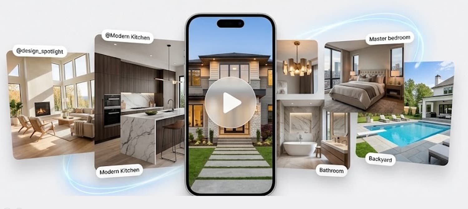 Property photos — modern kitchen, living room, master bedroom, bathroom and backyard — around a phone showing a video tour