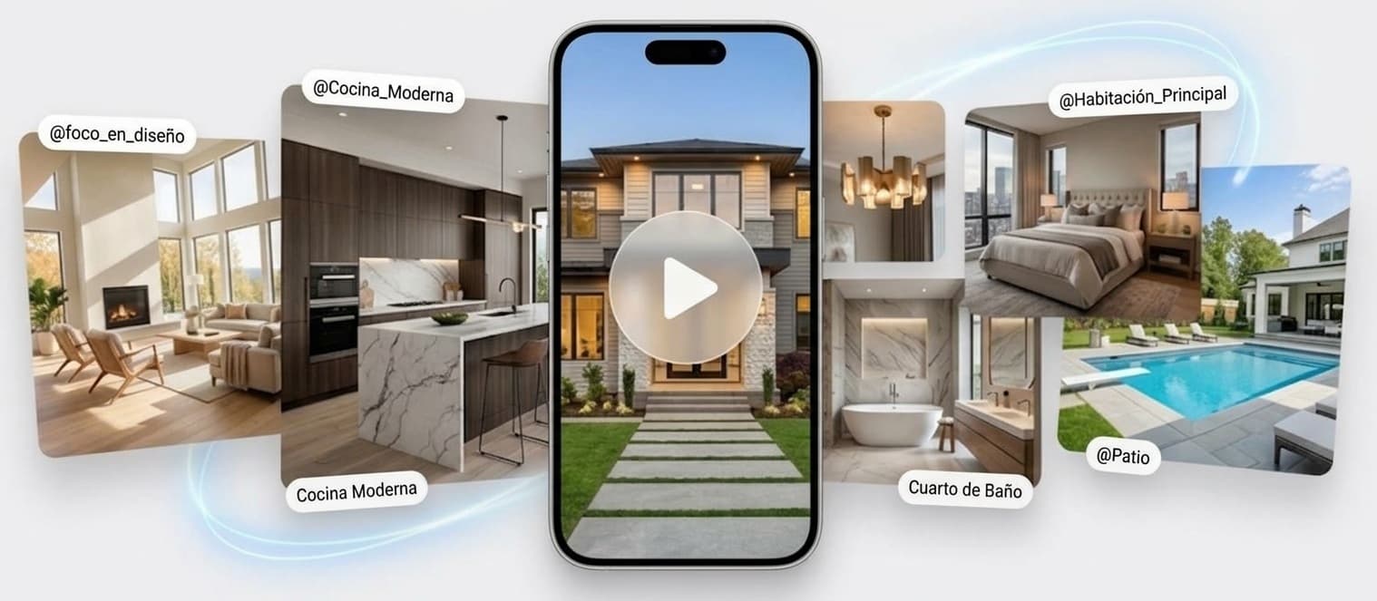 Fotos de propiedades — cocina moderna, sala, dormitorio principal, baño y patio — alrededor de un teléfono que muestra un recorrido en video